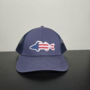 Simms Hat Cap Mens Snap Back One Size Blue American Flag Fish Trucker USA Camp